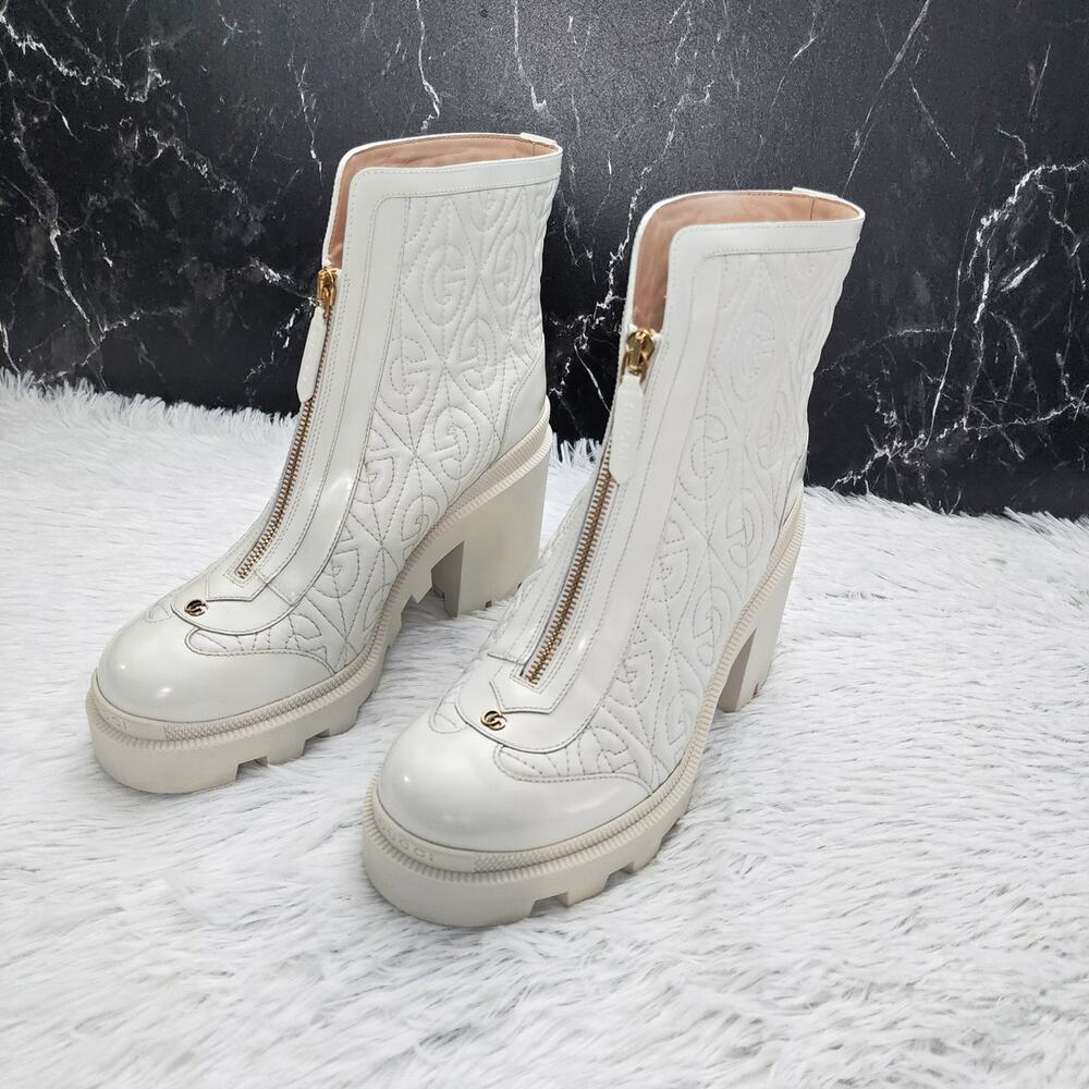 Gucci Calfskin G Rhombus Quilted Ankle Boots White 39.5G | 9.5 US - Picture 3 of 16